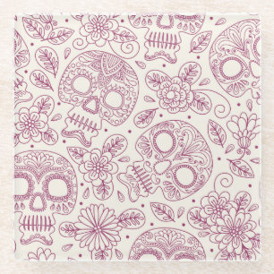 Skull Flowers: Mexican Day Seamless. Glass Coaster