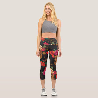 Skull Flowers: Seamless Dark Background. Capri Leggings