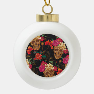 Skull Flowers: Seamless Dark Background. Ceramic Ball Christmas Ornament
