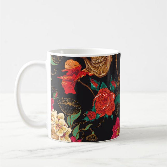 Skull Flowers: Seamless Dark Background. Coffee Mug (Left)