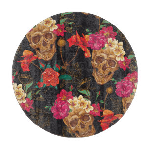 Skull Flowers: Seamless Dark Background. Cutting Board