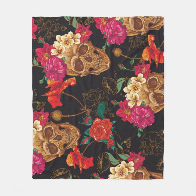 Skull Flowers: Seamless Dark Background. Fleece Blanket (Front)