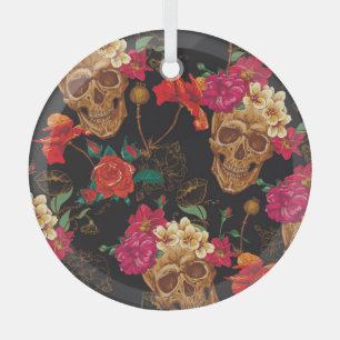 Skull Flowers: Seamless Dark Background. Glass Tree Decoration