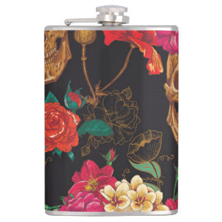 Skull Flowers: Seamless Dark Background. Hip Flask