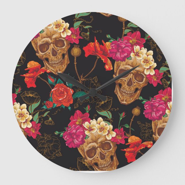 Skull Flowers: Seamless Dark Background. Large Clock (Front)