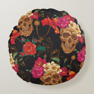 Skull Flowers: Seamless Dark Background. Round Cushion