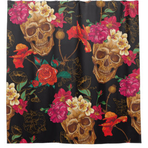 Skull Flowers: Seamless Dark Background. Shower Curtain