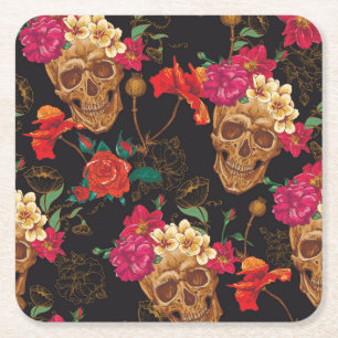 Skull Flowers: Seamless Dark Background. Square Paper Coaster
