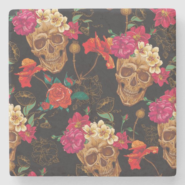 Skull Flowers: Seamless Dark Background. Stone Coaster (Front)