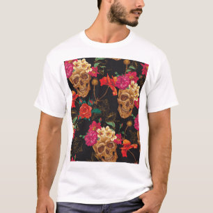 Skull Flowers: Seamless Dark Background. T-Shirt