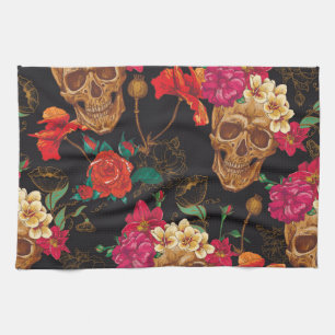 Skull Flowers: Seamless Dark Background. Tea Towel