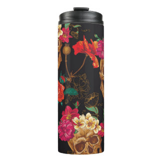 Skull Flowers: Seamless Dark Background. Thermal Tumbler