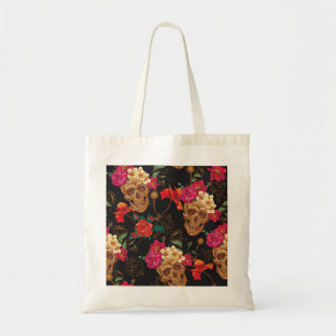Skull Flowers: Seamless Dark Background. Tote Bag
