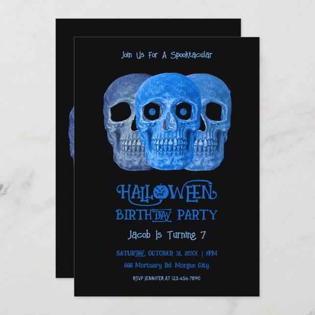 Skull Funny Gothic Blue Black Halloween Birthday Invitation (Front/Back)