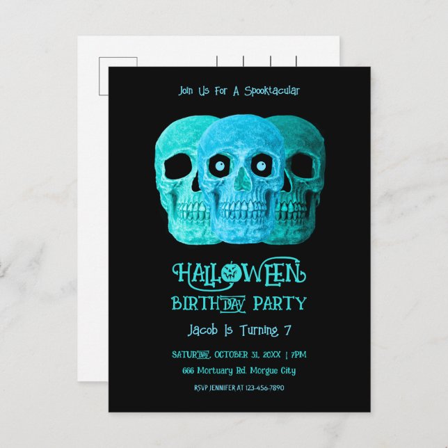 Skull Funny Gothic Blue Teal Halloween Birthday Invitation Postcard (Front/Back)