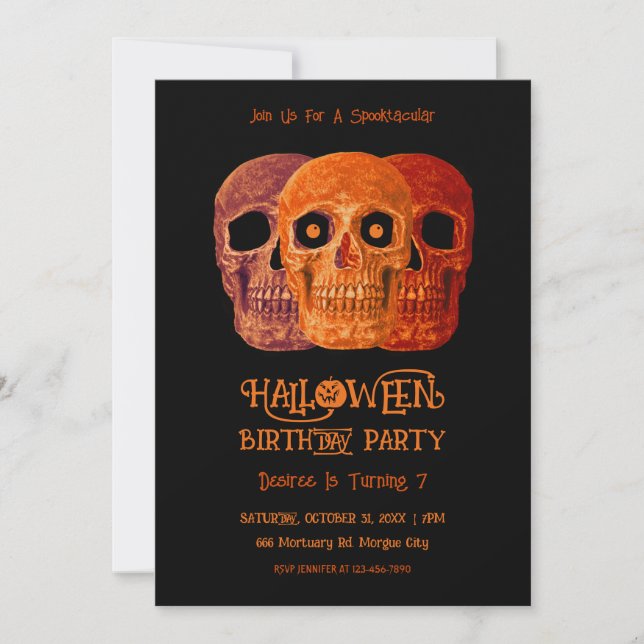 Skull Funny Gothic Orange Black Halloween Birthday Invitation (Front)