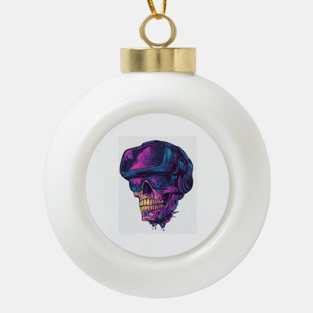Skull Gamer Mode Ceramic Ball Christmas Ornament (Front)