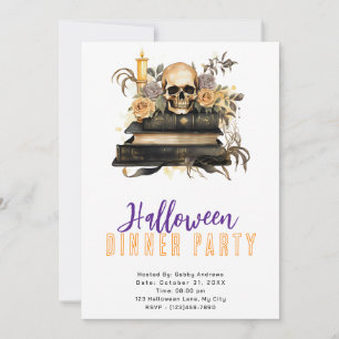 Skull Gold and Grey Roses Halloween Dinner Party Invitation