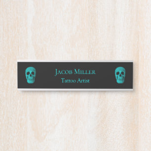 Skull Gothic Dark Teal Black Macabre Tattoo Shop Door Sign