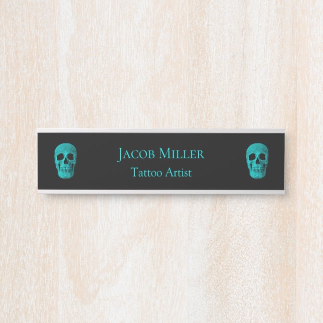 Skull Gothic Dark Teal Black Macabre Tattoo Shop Door Sign (Front)