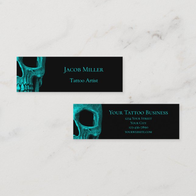 Skull Gothic Dark Teal Black Macabre Tattoo Shop Mini Business Card (Front/Back)