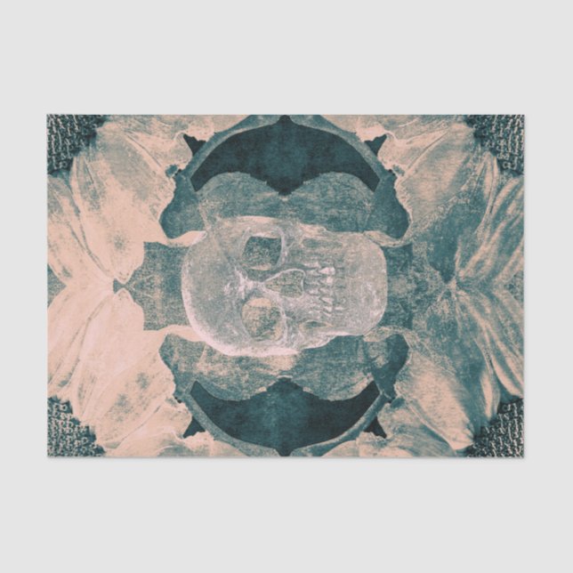 Skull Gothic Floral Teal Beige Grunge Texture Tissue Paper (Front)