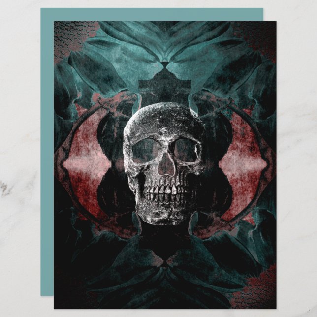Skull Gothic Floral Teal Black Red Grunge Texture (Front/Back)