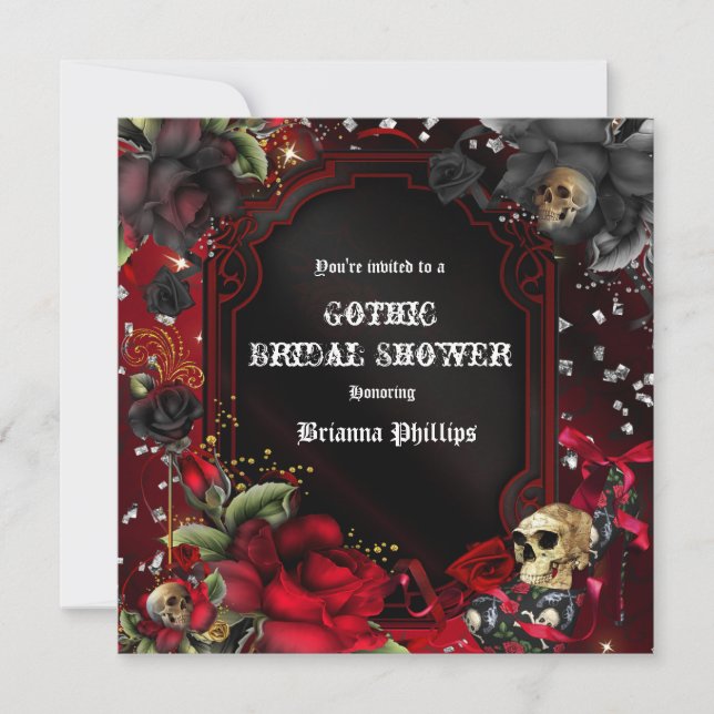 Skull Gothic Red Black Roses Bling Invitation (Front)