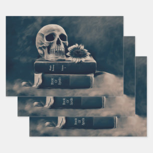 Skull Gothic Vintage Old Books Cyanotype Sunflower Wrapping Paper Sheet