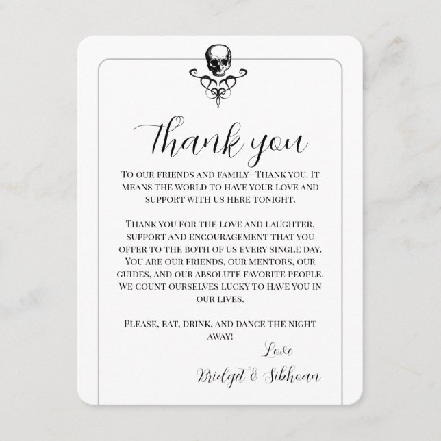 Skull Gothic Wedding Thank You Reception Card (Front)