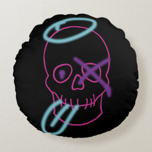 Skull graffiti - Pink, Purple, Blue and Black Round Cushion