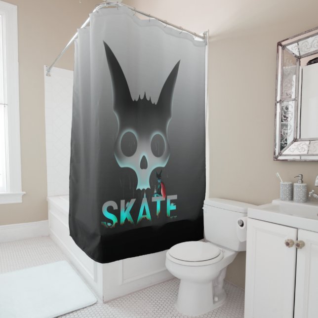 Skull Graffiti Skater Cat Shower Curtain (In Situ)