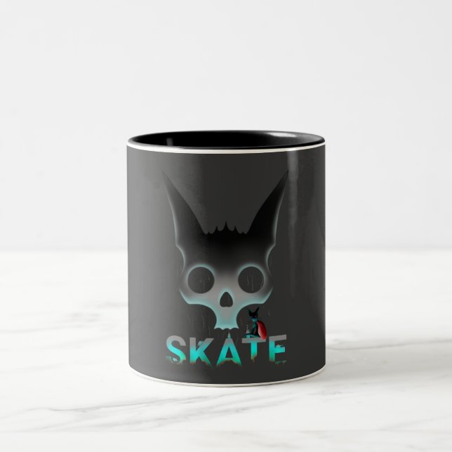 Skull Graffiti Skater Cat Two-Tone Coffee Mug (Center)