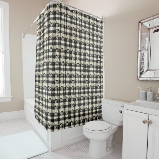 Skull Grid – Macabre Geometry in Monochrome Shower Curtain (In Situ)