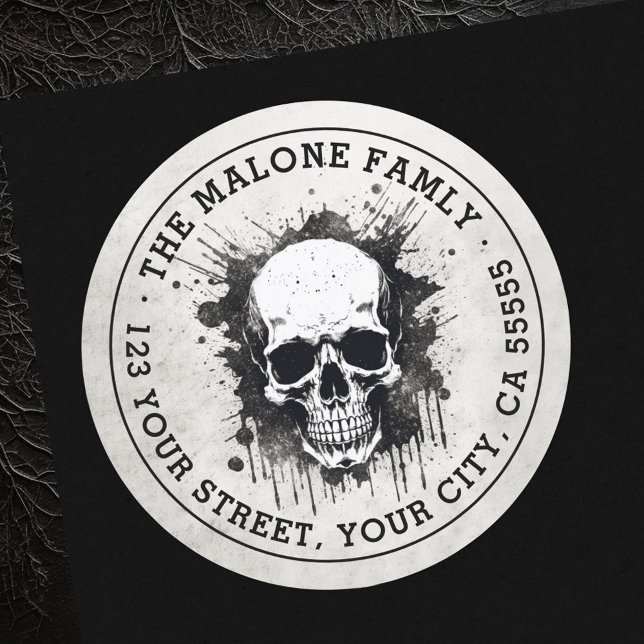 Skull grunge Halloween return address Classic Round Sticker (Skull grunge Halloween return address Classic Round Sticker)