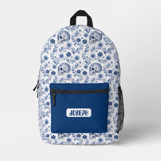 Skull Gzhel Pattern Personalised Backpack  (Front)