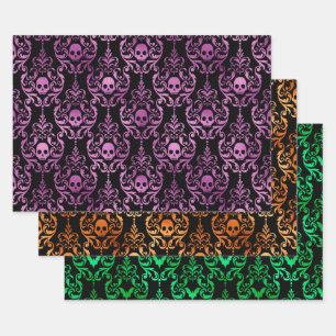 Skull Halloween Damask in Purple, Orange, Green Wrapping Paper Sheet