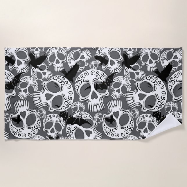 Skull Halloween Decorative Calaveras Beach Towel (Front)