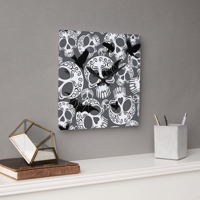 Skull Halloween Decorative Calaveras Square Wall Clock (Office)