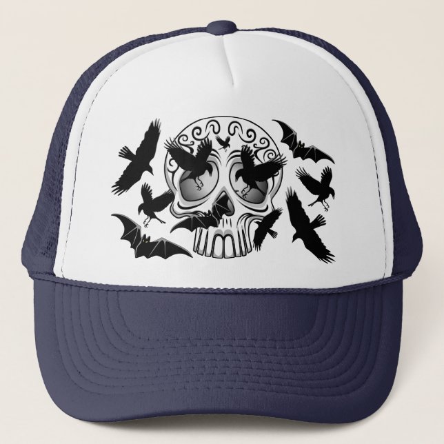 Skull Halloween Decorative Calaveras Trucker Hat (Front)