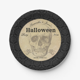 Skull Halloween Vintage Black Gothic Elegant Paper Plate