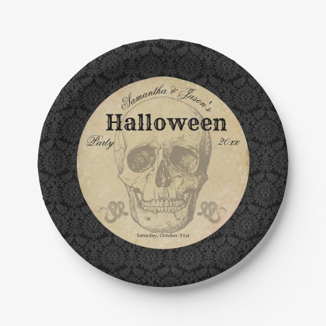 Skull Halloween Vintage Black Gothic Elegant Paper Plate (Front)