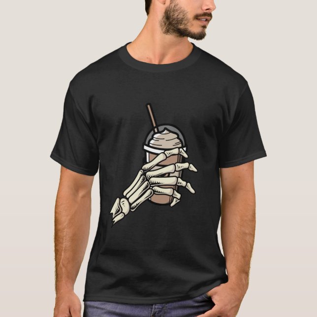 Skull Hand Drinking Iced Coffee Ghost Funny Hallow T-Shirt (Front)