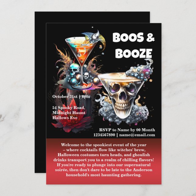 Skull happy hour spooky cocktails gothic floral invitation (Front/Back)