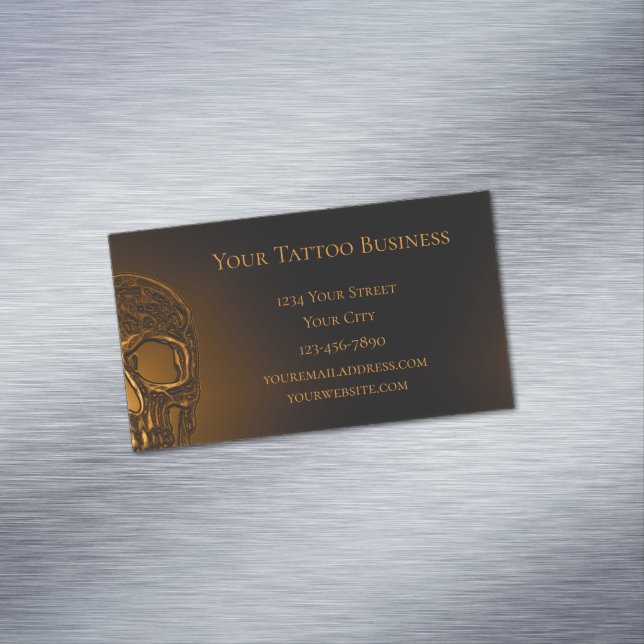Skull Head Gothic Gold Metallic Tattoo Shop Magnetic Business Card (In Situ)