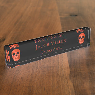 Skull Head Gothic Neon Orange Black Tattoo Shop Nameplate