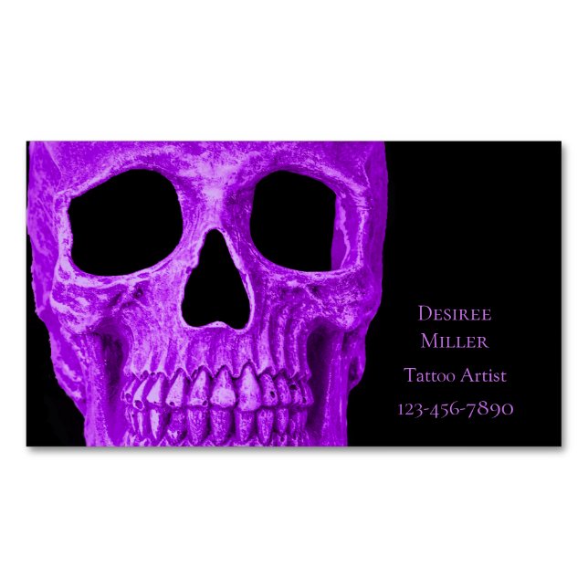Skull Head Gothic Neon Purple Black Tattoo Shop Magnetic Business Card (Front)