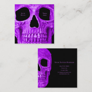 Skull Head Gothic Neon Purple Black Tattoo Shop Square Business Card