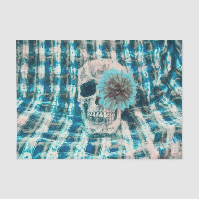Skull Head Gothic Sunflower Blue Teal Plaid Tissue Paper (Front)