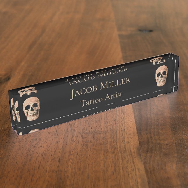 Skull Head Gothic Tan Brown Black Tattoo Shop Nameplate (Side)
